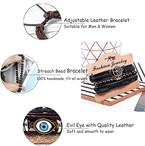 FIRAZIO 35PCS Braided Leather Bracelets for Men Women Wrap Wood Beads Cuff Bracelet Hemp Cords Ethnic Tribal Handmade Wrap Wristband Bracelets Set Adjustable4