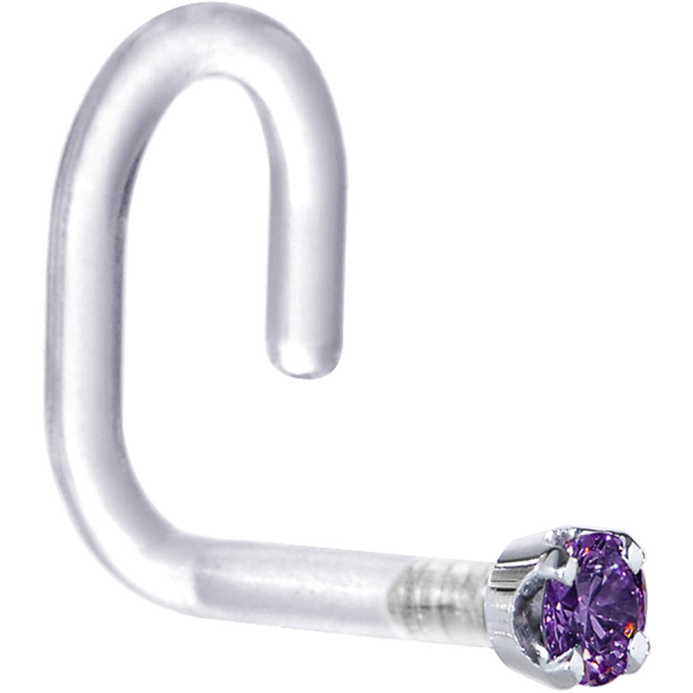 1/4" White Gold 1.5mm Genuine Amethyst Bioplast Nose Stud Ring 18 Gauge