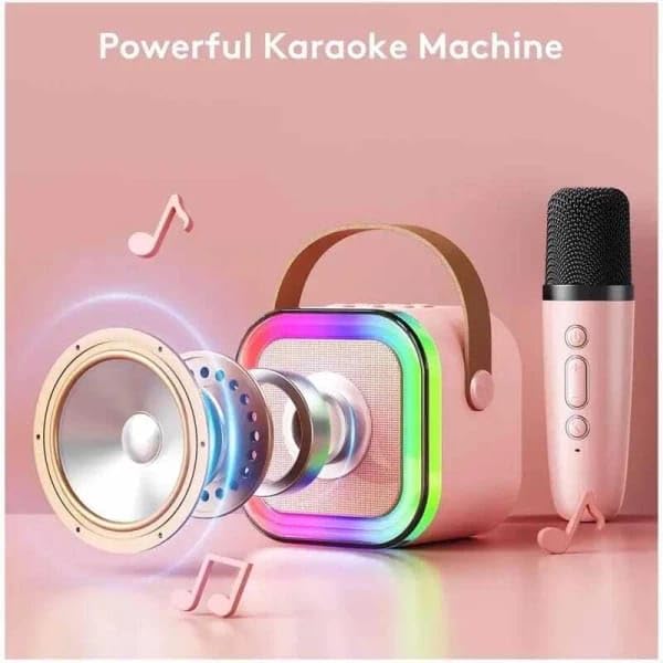 Child using VENTURER Karaoke Machine with voice change feature icons