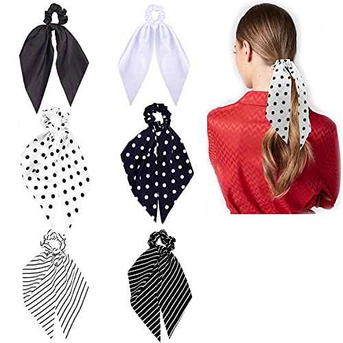 Hair Scarf Scrunchies Black White Hair Ribbon Ties Scrunchie Tail Silk/Chiffon Solid Color/Polka Dot/Strip Knotted Bowknot Long Bow Ponytail Holder Hair Elastic Bands Hair Accessories For Women Lady (6Pcs) #TOP21