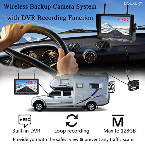 Wireless Backup Camera, DOUXURY IP69 Waterproof 170° Wide View Angle HD 1080P Backup Camera + HD LCD 7" Monitor, DVR Recording Backup Camera System for Truck Pickup Trailer Camper Bus RV 5th Wheel