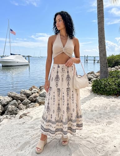 Image of ZESICA Women's 2026 Summer Bohemian Floral Printed Elastic Waist A Line Maxi Skirt with Pockets