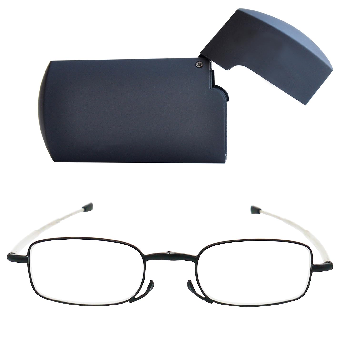 Mini Brille – Faltbare Lesebrille aus Metall für Damen & Herren mit Teleskop-Bügeln, Rechteckigen Gläsern & Kompaktem Flip-Top-Etui