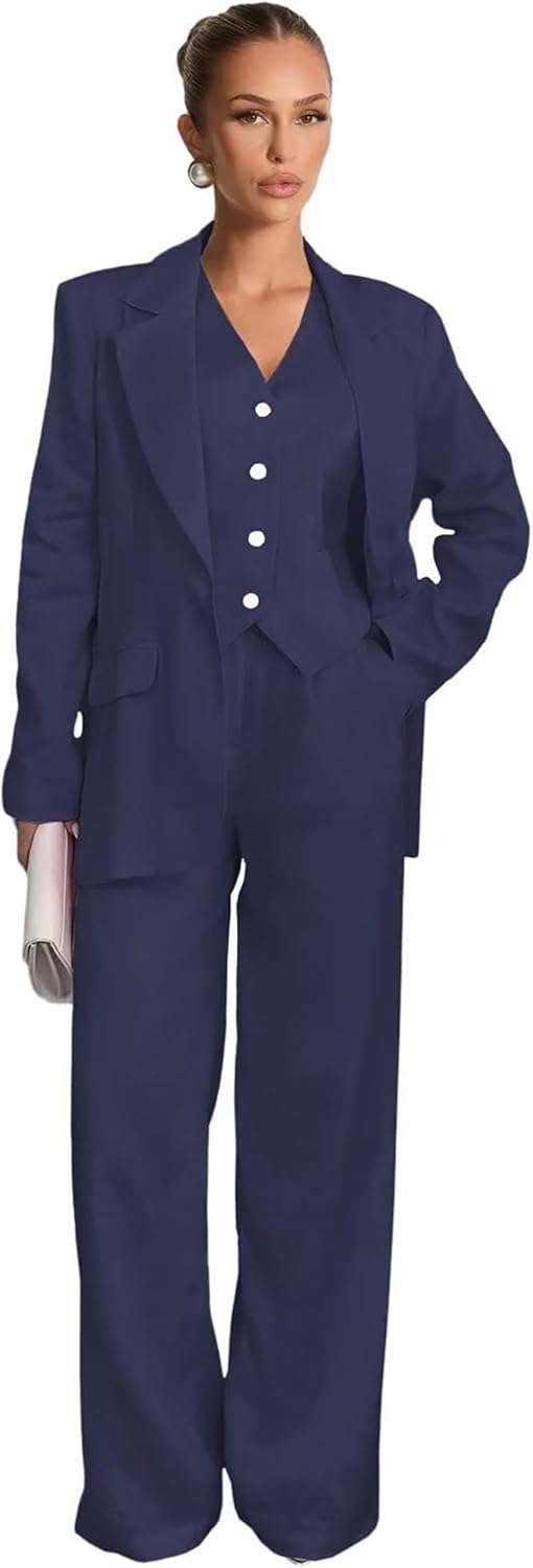 Women's 3 Pieces Blazer Vest Pants Dressy Casual Pant Suit for Wedding Guest Business Casual Prom Tuxedo Set