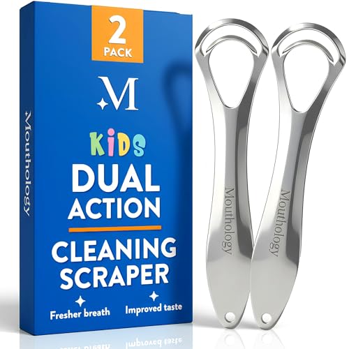 Mouthology Tongue Scraper for Kids (2 Pack) Stainless Steel Tongue Cleaner (Reduce Bad Breath) Metal Tongue Scrubber for Children Improve Oral Health