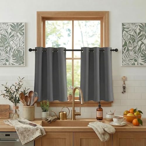 RYB HOME Short Blackout Curtains for Bedroom 36 Inch Length - Short Curtains for Small Window Kitchen/Basement/Cafe, Thermal Insulated Room Darkening RV Drapes, W42xL36, 2 Panels, Grey