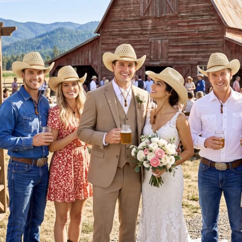Image of Unittype 4 Pcs Straw Cowboy Hats with Windproof Rope