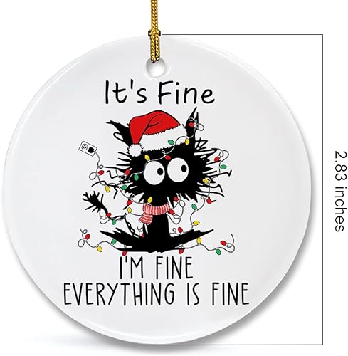 Miniatura 2 de Divertido adorno de Navidad para decoración de árbol de Navidad, It's Fine I'm Fine Everything is Fine, adorno de cerámica de gato negro para