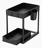 Genérico Organizador Bajo Fregadero 2 Niveles Extraíble, Estante Deslizante Cocina y Baño, Ahorra Espacio, con Ganchos y Soporte para Esponja, Metal Resistente Antióxido, Negro