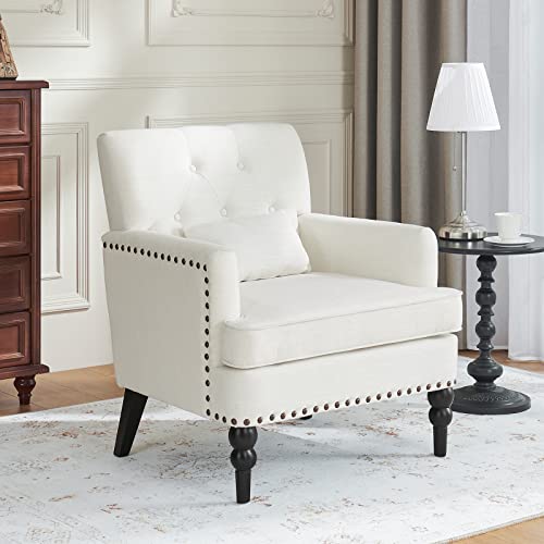 Accent Chair, Arm Chair，Living Room Upholstered Chair, Tufted Upholstered Sofa Club Chair For Bedroom, Comfy Reading Chair For Reception Room (White) #TOP3