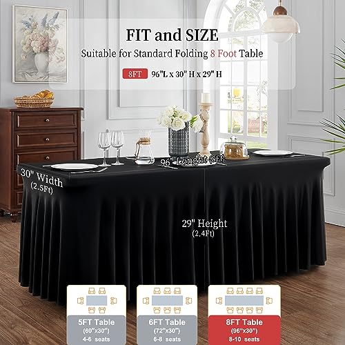 Image of Outpain Black Spandex Tablecloth for 8 Foot Rectangle Tables, 3 Pack Black Fitted Table Cloths 8ft Stretchy Banquet Table Clothes Cover Desk Skirt for Birthday Wedding Parties Baby Shower