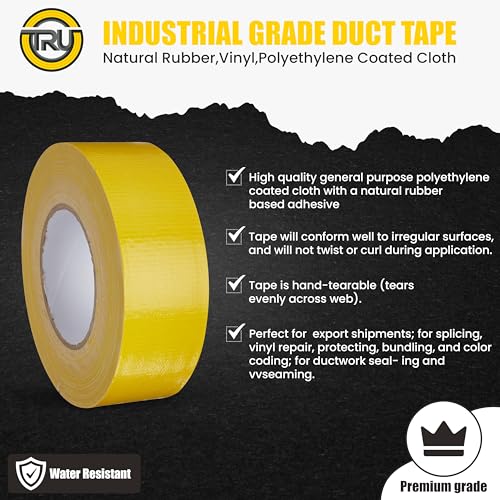 Image of T.R.U. Set of 2 Yellow Durable Duct Tape Rolls, 11 Mil Thickness, 2 Inches by 30 Yards, High Strength, Flexible, No Residue, Water-Resistant and Tearable by Hand, Versatile for Indoor and Outdoor Use