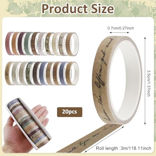 Image of HASTHIP 20Rolls Vintage Washi Tape Set, 0.7cm x 3m Narrow Washi Tape DIY Scrapbooking Decoration, Retro Decorative Antique Patterns Masking Tapes for Arts, DIY Crafts, Journals, Planners, Scrapbook