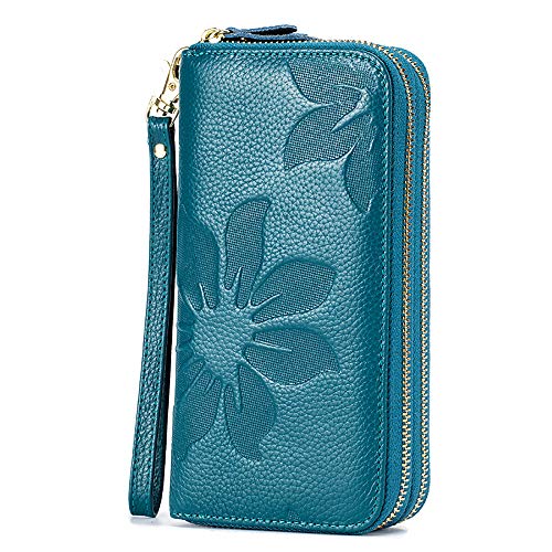 Rfid Blocking Women’s Leather Wallet, Double Zipper Smartphone Pocket, Embossed Flower With Credit Card Holder, Cash Slots Large Capacity Clutch Wristlet ( Teal Blue ) #TOP1