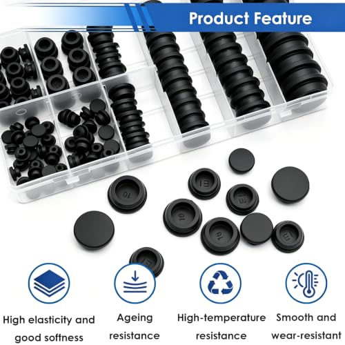 Image of smseace 260Pcs Rubber Plugs for Round Holes Set - 10 Sizes (1 inch, 3 /4 inch, 5 /8 inch, 1 /2 inch, 3 /8 inch, 5 /16 inch, 1 /4 inch, 1 /5 inch) - Versatile Assorted Rubber Plugs for Furniture, Office, and Kitchen