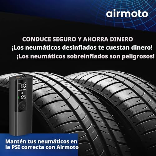 Inflador de neumáticos Airmoto Compresor de aire portátil - Bomba de aire para neumáticos de coche con medidor de presión digital, luz LED y función de apagado automático - Bomba inalámbrica para