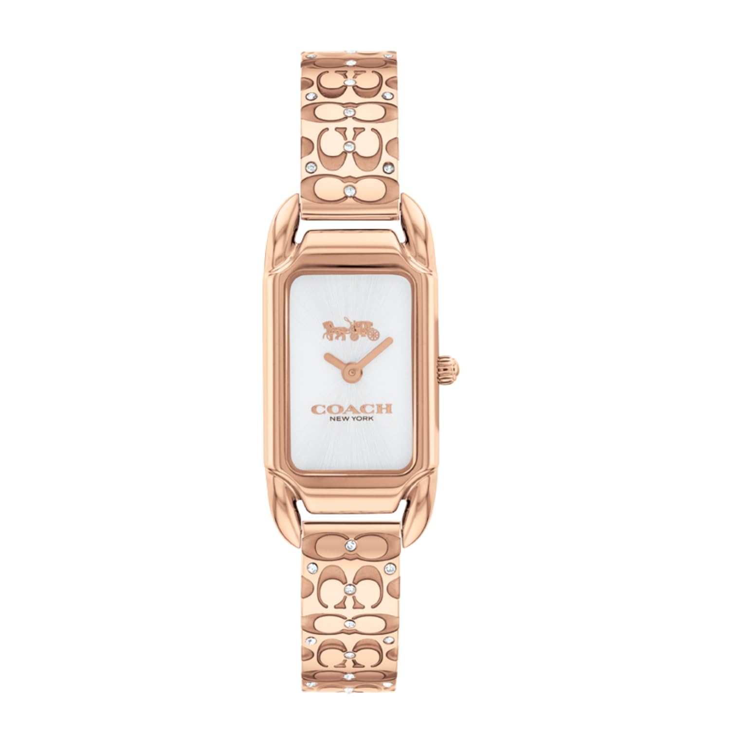 Coach Cadie Qtz Basic Silver White Rectangle Dial Women's Analog Watch|Ionic Plated Rose Gold Steel & Crystals Material|Gold Color Band - 14504197