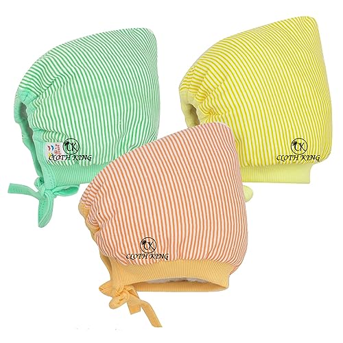 Image of Presents Newborn Baby Strip Print Caps Soft Cotton Hosiery Caps with Double Layer(Pack of 3).