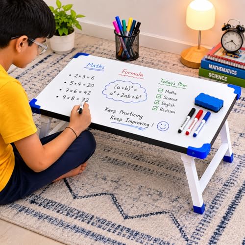 Image of Eduway Multipurpose Foldable White Board Laptop Table with 1 Duster & Marker | Heavy-Duty Portable Writing Desk for Bed, Study, Work from Home, Dining & Reading