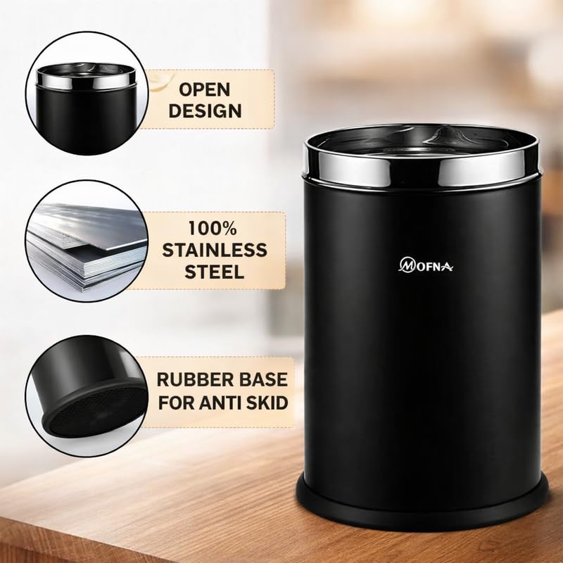 Image of mofna Stainless Steel Open Top Dustbin for Home - 18 L | Black Modern Trash Can with Anti-skid Base | Rustproof Garbage Bin | for Kitchen, Bathroom, Office & Commercial Use | 10 x 14 Inch