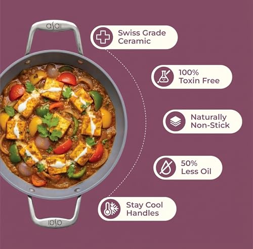Image of Asai Ceramic Non Stick Kadai 26cm (3.5L) with Glass Lid & Spatula | Green | Swiss Ceramic Coating | Gas & Induction Compatible | Stay-Cool Handles | Lab-Tested | 100% Toxin Free | Silicone Spatula