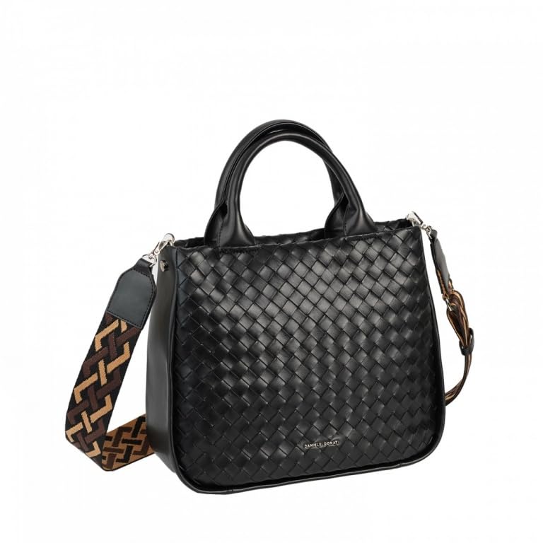 Sac à main femme noir tressé en cuir synthétique de 33cm avec bandoulière