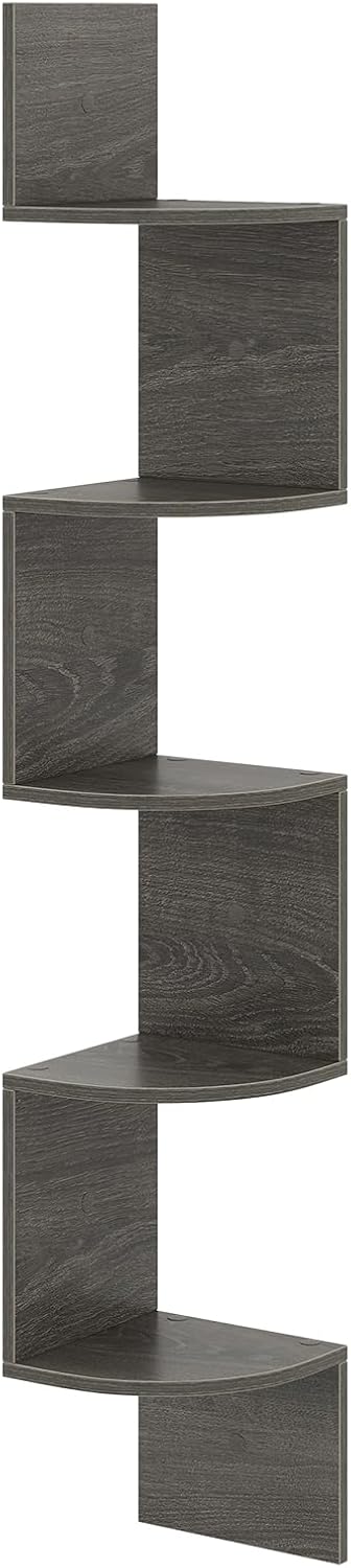 Corner Shelf Wall Mounted, 5-Tier Hanging Bookcase, Wood Storage Organizer, Modern Display Rack, Corner Floating Shelves for Bedroom, Living Room, Kitchen, Home Office (1, Grey)