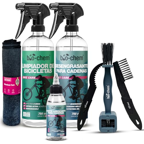 bio-chem - Profi Set 7 productos para el cuidado de la bicicleta - Limpiador completo 750ml - Desengrasante de cadena 750ml - Aceite lubricante 100ml - Paño y cepillos incluidos