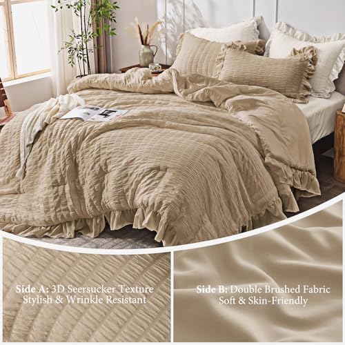 Image of JOLLYVOGUE King Size Comforter Set, 3 Pieces Khaki Seersucker Comforters King Size, Lightweight & Fluffy Bedding Sets King for All Season with 1 Ruffle Comforter and 2 Ruffle Pillowshams