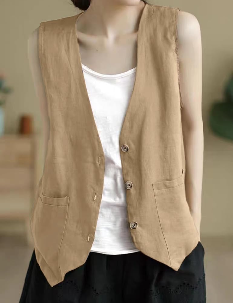Kinghua Linen Vest Women 2025 Sleeveless Blazer Lightweight Spring Jackets Summer Blazer Button Down Casual Cardigan Tops