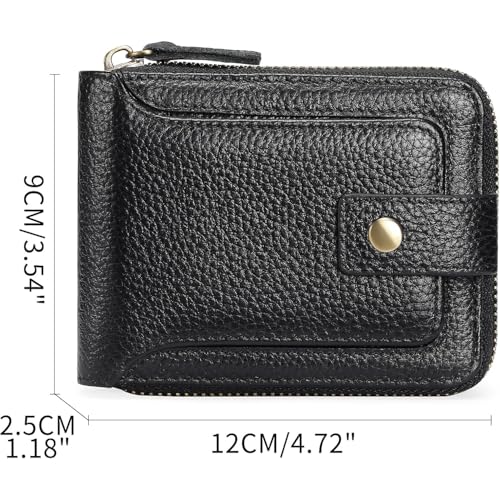 Genuine Leather Wallet for Men with Zipper RFID Blocking Large Capacity Bifold Design Coin Pocket and Clear ID Window for Easy Access (Black-3)3