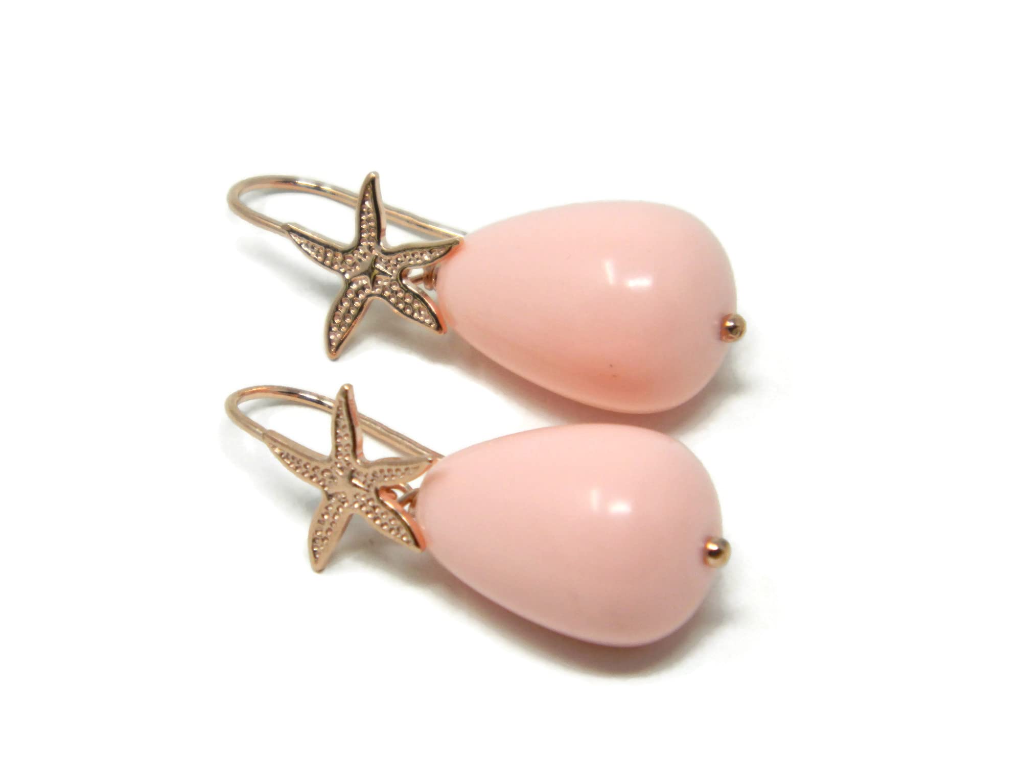 Orecchini pendenti donna con goccia corta in pasta di corallo rosa e stella marina – Argento 925 placcato oro rosa – Handmade Made in Italy – Anallergici - DodiGioielli
