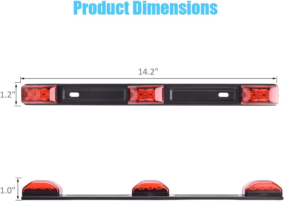 MICTUNING Red Clearance ID BAR Marker Light 3 Light 9 LED 14.2 inches Sealed Trailer Light Bar with Stainless Steel Black Base for Trailer Truck Boat