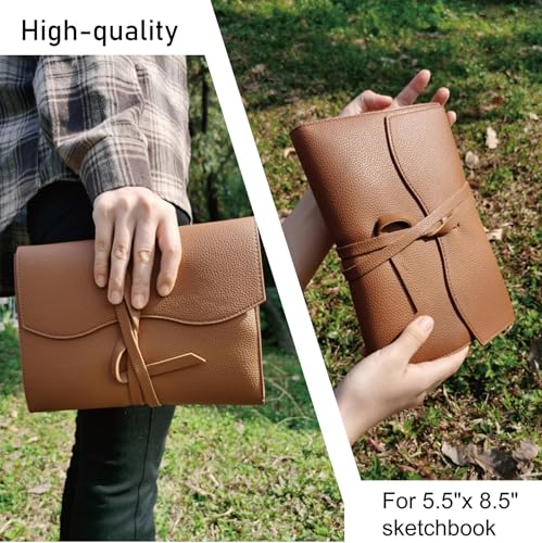 Image of Leather Sketch Book Cover, Leather Sketchbook Holder for 5.5 inchx 8.5 inch, Travel Sketch Board Pad Pencil Holder, Drawing SketchBook Cover Pencil Case, Painter Artist Sketch Pad Holder (Small)