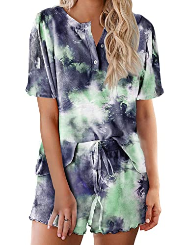 Image of Ekouaer Pajamas Set for Women Short Sleeve Lounge Set 2 Piece Loungewear PJs Soft Cute Lightweight Sleepwear