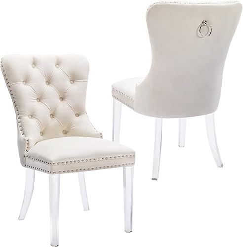 Miniatura 1 de Juego de 2 sillas de comedor de terciopelo tapizadas con patas acrílicas y borde de anillo, silla auxiliar sin brazos para el hogar, cocina y