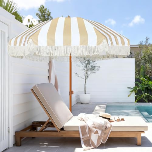 Image of AMMSUN 7ft Patio Umbrella with Fringe Outdoor Tassel Umbrella UPF50+ Premium Steel Pole and Ribs Push Button Tilt, Stripe Beige
