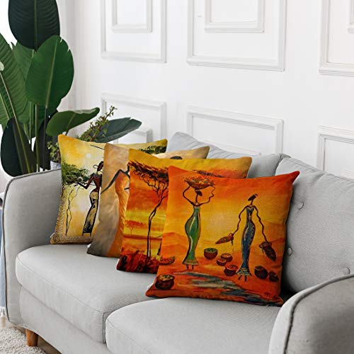 Artsocket Set Of 4 Linen Throw Pillow Covers Oil Painting African Women Decorative Pillow Cases Home Decor Square 18X18 Inches Pillowcases #TOP5