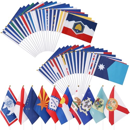 SB Goods 50 US State Flags on Sticks - 5.5x8.2' Mini Banners with 30cm Plastic Poles, US History Classroom Decor - Handheld Stick Flags for Olympics, Parties & Home Decoration