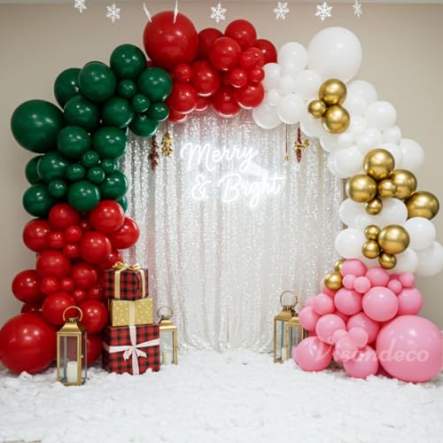 Image of Christmas Balloon Arch Kit - Green, Pink, Red, White & Gold Balloons | Double-Stuffed for fuller color, Pink Xmas balloon arch for Merry Christmas party decorations