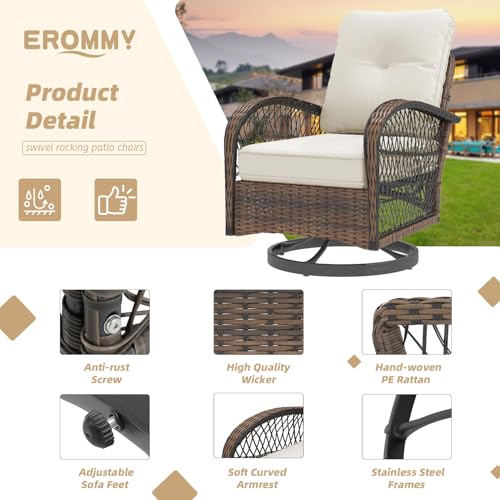 EROMMY 3 Pieces Patio Furniture Set, Outdoor Swivel Rocker Patio Chairs, Wicker Patio Bistro Set with Rocking Chair, Thickened Cushions and Glass Coffee Table for Backyard, Garden, Beige - Thumbnail 6