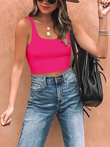 Reoria Women's Summer Sexy Basic Sleeveless Square Neck Fitted Seamless Yoga Cropped Tank Cute Crop Tops For Teen Girls Neon Rose Red Small #TOP2