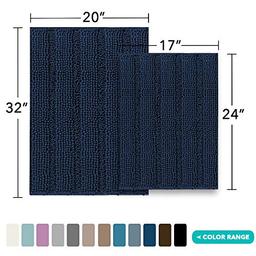 Chenille Bathroom Rugs Set Non-Slip Bath Mats For Bathroom Extra Soft And Absorbent Shaggy Bath Mats For Bathroom Floor Indoor Mat For Kitchen/Entryway (Standard: 20" X 32" And 17" X 24"), Navy #TOP4