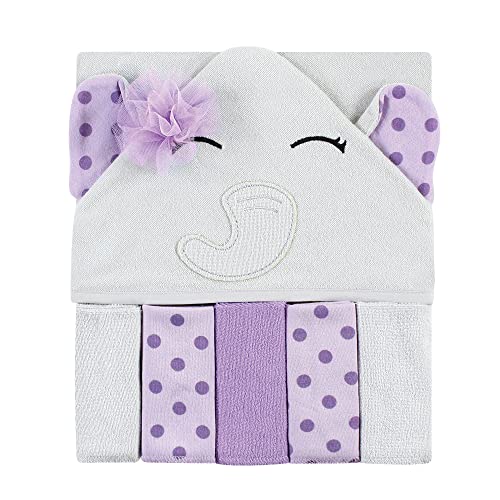 Hudson Baby Unisex Baby Hooded Towel and Five Washcloths, Purple Dots Pretty Elephant, One Size