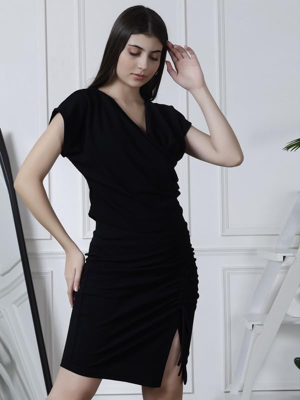 Image of NEUDIS Women Polyester Knit Solid Fitted Overlap Top