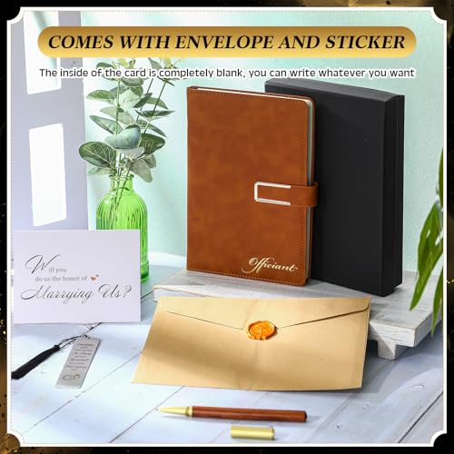 Weekgrat 7 Pcs Officiant Gift Set Includes Leather Hardcover Proposal Officiant Book Black Ink Pen Thank You Card with Envelope and Sticker Bookmark Gift Box for Wedding Officiants Ceremony (Brown)
