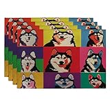 Pop-Art-Husky-Hunde-Tischsets, 30,5 x 45,7 cm, flippig, abstrakt, lustig, Welpen, 4 Stück, Tischmatten für Zuhause, Haustier-Urlaub, Party, Küchendekoration