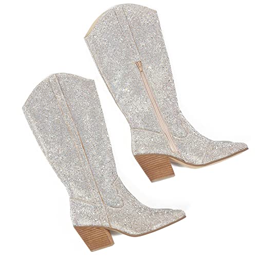 Yallmay Women's Cowboy Rhinestone Boots Knee High Sparkly Boots Pointed Toe Pull On Design 26Cm Chunky Heel Bling Cowgirl Mid Calf Boots For Girls, Party, Proms #TOP3