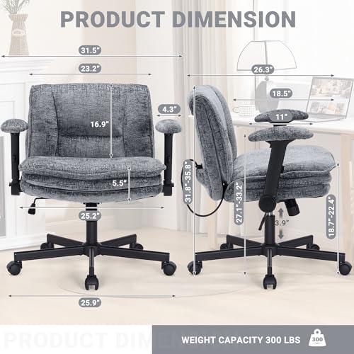 Image of Criss Cross Chair with Wheels and Flip Arms, Upholstered Cross Legged Office Chair with 3 Layer Cushions&Dynamic Airbag Lumbar Support, Wide Seat Comfy Desk Chair for Home Office, Living Room, Grey