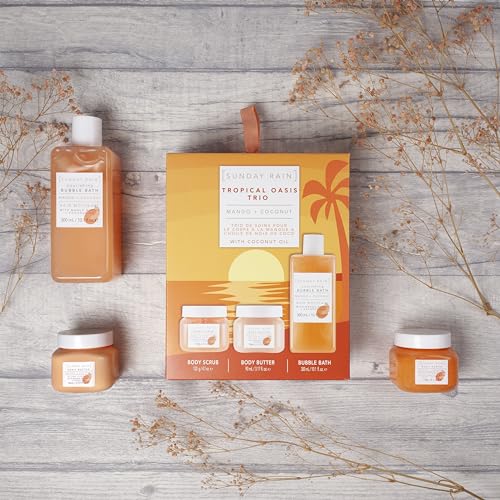 Sunday Rain Tropical Oasis Trio, Vegan & Cruelty Free Pamper Gift Set with Bubble Bath, Body Scrub and Body Butter, Mango & Coconut Scented, 3 Piece - Image 5